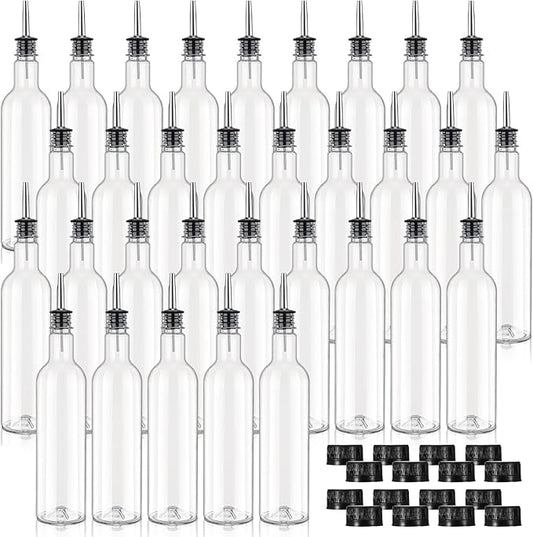25 oz Plastic Long Neck Bottle with Stainless Steel Leakproof Tapered Spout Pourer and Cap Syrup Alcohol Juice Coffee Liquor Container for Home Christmas Party Bar Service Bartending Supplies(32 Pack)