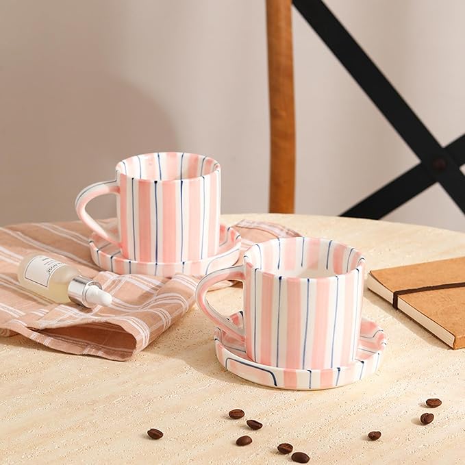 Hand-Painted Ceramic Coffee Mug and Saucer Set, 8 oz Artisan Striped Porcelain Espresso Cup, Decorative Tea Cup with Large Handle for Home, Office,Pink - Image 2