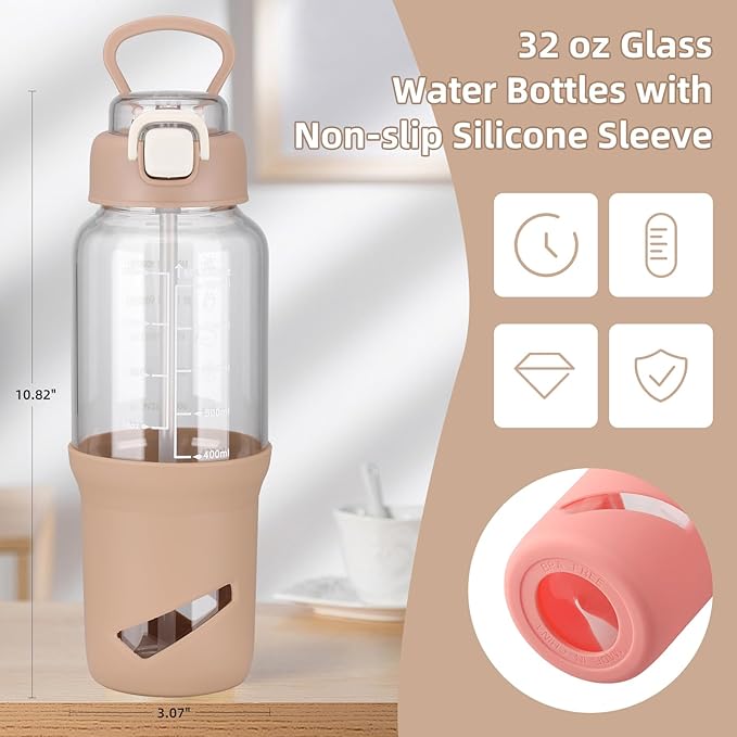 SIEROZUR 32 oz Glass Tumbler with Straw, Glass Water Bottles with 2 Lids-Handle Spout Lid & Straw Lid, 1 Liter Motivational Water Bottles, Silicone Sleeve, Fits Car Cup Holder,Amber