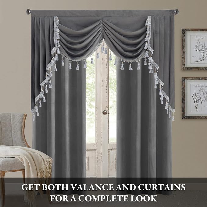 Luxury Grey Velvet Waterfall Curtain Valances W59 inches, 1 Panel | Swag Curtains for Bathroom,Dining Room, Heavy Thick Thermal Insulated Window Curtains for Bedroom, Rod Pocket - Image 3