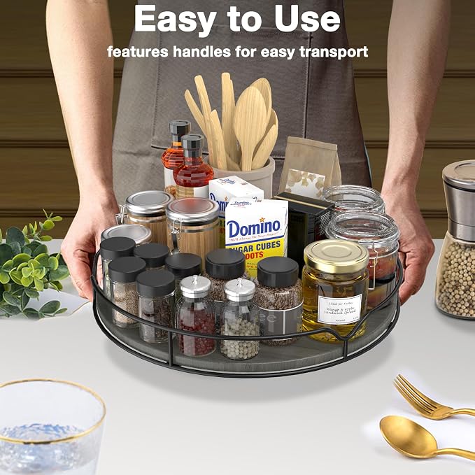 Lazy Susan Turntable Organizer with Anti-Slip Mat for Cabinet Pantry Kitchen Countertop Refrigerator Office, Pine Wood, 12", Grey… - Image 8