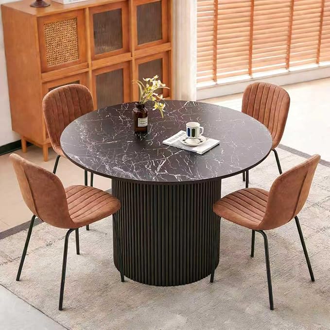 5 Piece Round Dining Table Set for 4, Mid Century Modern Faux Marble Kitchen Table and Chairs, Space-Saving Small Dinette Set (47 Inch Black Table+4 Brown Chairs) by SQPFTW
