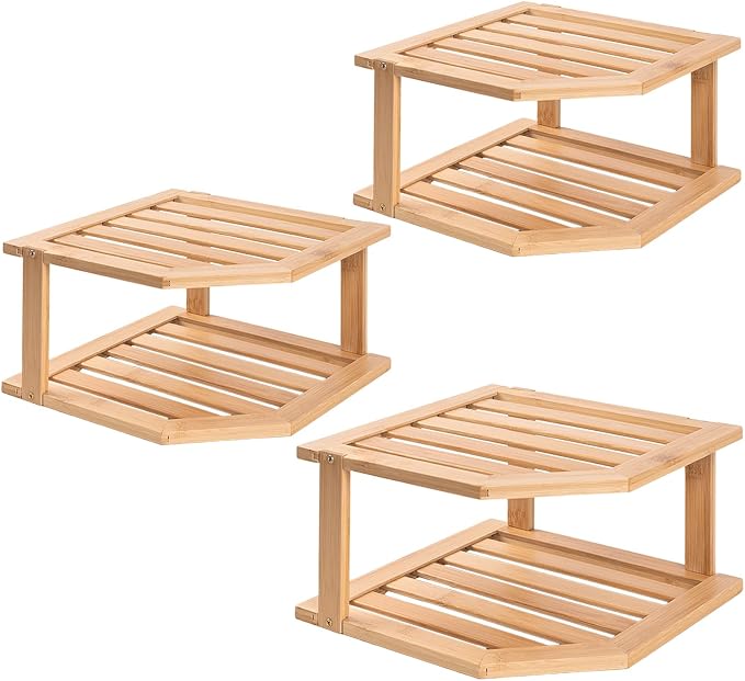 VERTORGAN 2 Tier Bamboo Corner Shelf 3 Pack Plate Organizer Kitchen | Pantry Storage,Dish Rack,Spice Rack,Corner Organizer,Kitchen Counter Shelves,Kitchen Storage,Holds Plates by VERTORGAN
