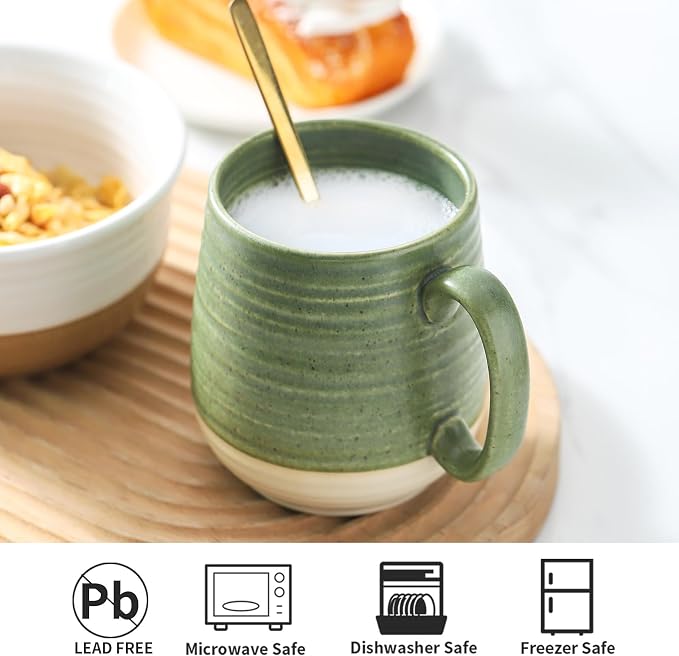HASENSE 20 oz Coffee Mug, Large Green and Beige Stoneware Cup, Oversized Ceramic Tea Mug with Ergonomic Handle, Microwave and Dishwasher Safe, Perfect for Coffee, Tea, Soup, Hot Cocoa - Image 6