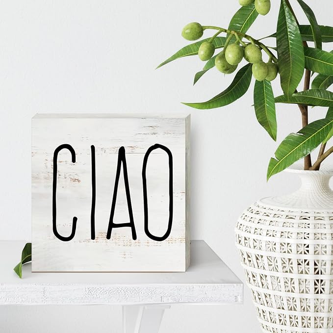 Ciao Wood Box Sign, Rustic Italian Hello Wooden Box Sign Block Plaque for Wall Tabletop Desk Home Decoration - Image 4