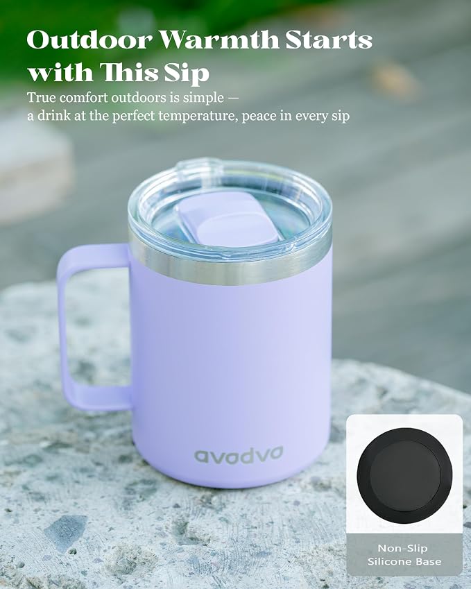 12oz Insulated Coffee Mug with Lid – Includes Two Lids, Stainless Steel Coffee Travel Mug with Handle, Double Wall Vacuum Insulated Camping Mug for Home, Office & Outdoor, Periwinkle Purple - Image 6