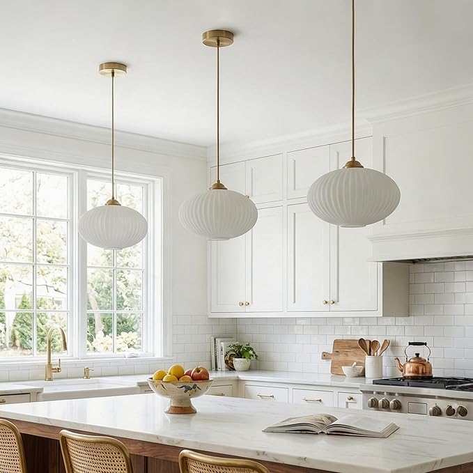 KCO Lighting Modern Gold Brass 9.8" White Milk Ribbed Glass Pendant Light | E26 Hardwired Adjustable Cord Ceiling Light for Sloped Ceiling Mid Century Hanging Lamp for Kitchen Island Dining Room - Image 5