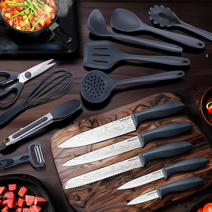 RAXCO Kitchen Set,18-Piece Cooking Utensils and Kitchen Knife Set,Gray | 7-Piece Kitchen Utensils Heat-resistant to 410°F,5-Piece Sharp Knife,5-Piece Cooking Tools and Cutting Board In One - Image 4