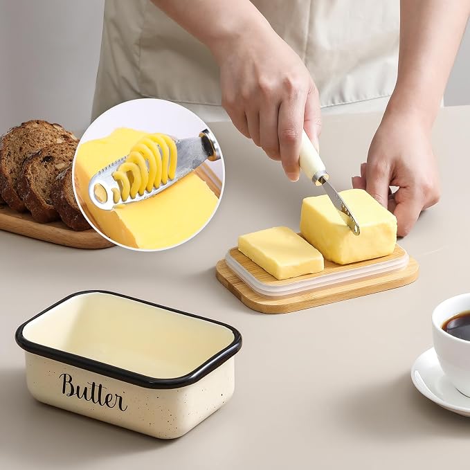 LANDNEOO Butter Dish with Lid and Butter Curler Knife, Unbreakable Metal Keeper Container Double Silicone Sealing, Speckled White, 6.2'L x 4.2' W x 2.2' H, 2 Sticks Capacity, Stainless Steel, Bamboo - Image 5