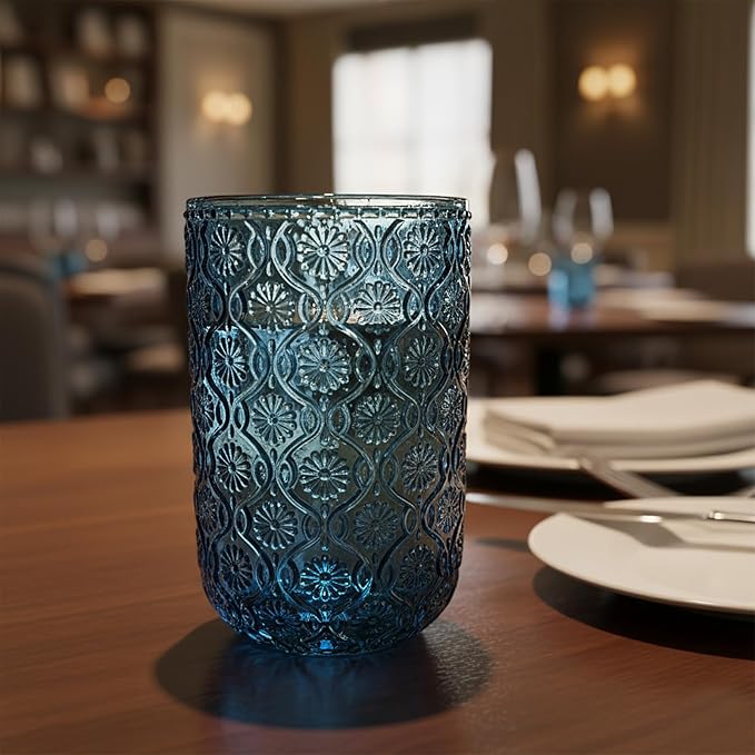 Set of 8 Vintage Embossed Glassware,4 Highball Glasses 14oz & 4 Rocks Drinking Glasses 9oz, Blue, Art Deco, for Wine, Water, Cocktail, Juice, Whiskey, Gift - Image 8