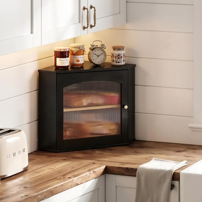 LAMU Corner Bread Box for Kitchen Countertop, Bamboo Wood Bread Storage | 2-Tier Storage Bin with Magnetic Acrylic Door, Large Capacity Organizer for Homemade Bread, Coffee, Fruit & Spices, Black - Image 4