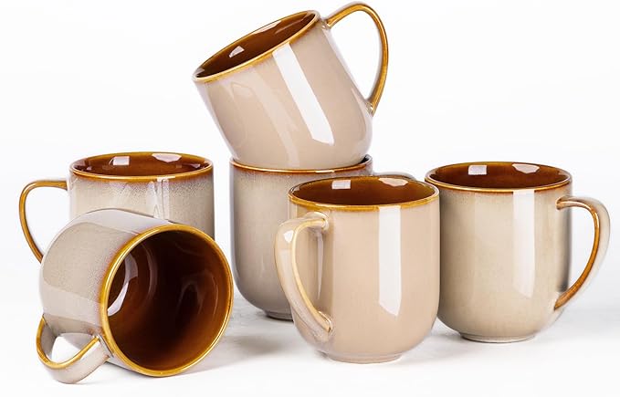 LERATIO 12OZ Ceramic Coffee Mugs Set of 6, Large Porcelain Coffee Cups With Large Handle For Latte,Cappuccino,Milk,Cocoa,|Dishwasher&Microwave Safe Mug Sets,Ideal for Man,Woman,Dad, Mom-Kahki by LeRatio
