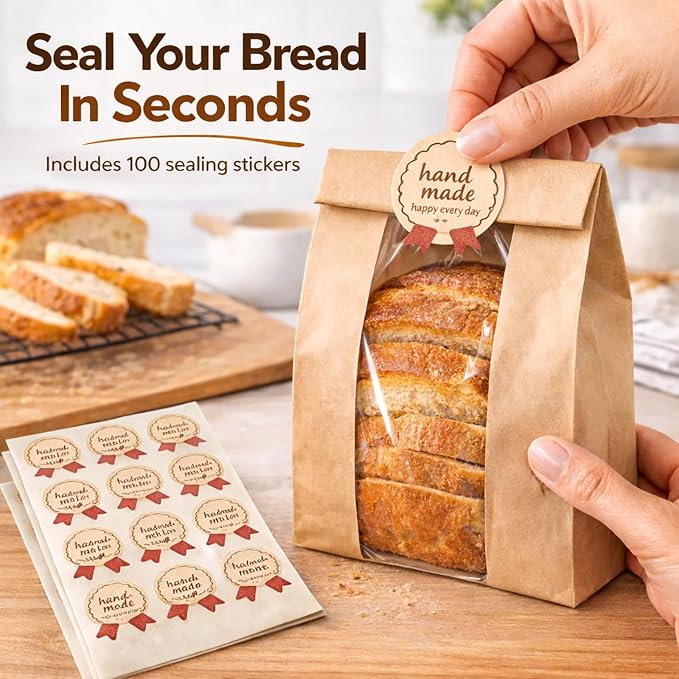 Bread Bags for Homemade Bread, 100PCS Bakery Bags with Window | Kraft Paper Bread Packaging Bags with Sealing Stickers for Sourdough, Loaves, Cookies & Baked Goods, Perfect for Home Bakers - Image 8
