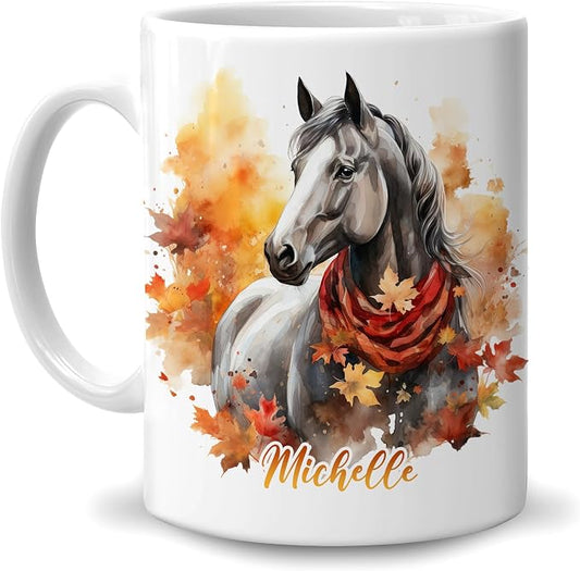 Hyturtle Personalized Fall Horse Maple Leaves Coffee Mug Gifts for Women | Birthday Gifts For Horse Lovers, Fall Autumn Decor Gift For Farmhouse Thanksgiving, Custom Name 11oz White Ceramic Tea Mug by Hyturtle