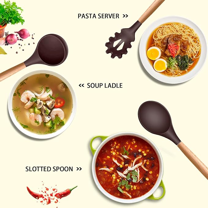 MIBOTE Silicone Cooking Kitchen Utensils Set, Wooden Handle, Coffee | BPA-Free, Non-Toxic Silicone Turner, Tongs, Spatula, Spoon Set – Great for Nonstick Cookware, Heat-Resistant, Easy Clean - Image 2
