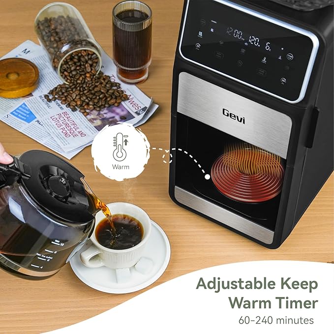 Gevi 10-Cup Grind & Brew Drip Coffee Maker with Built-In Burr Grinder | 24-Hour Programmable Timer, Touch Screen Control, 4-Hour Warm Plate, Permanent Filter with Original Glass Coffee Carafe - Image 8
