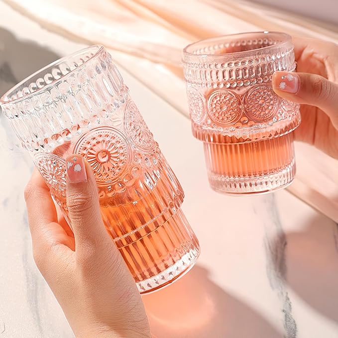 Kingrol Drinking Glasses Set of 8, 6.5 Ounces Stackbale Water Glasses, Vintage Glassware for Cocktail, Whiskey, Juice, Iced Coffee, Iced Tea, Bar Accessories - Image 4