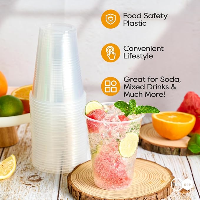 Turbo Bee 16 oz Clear Plastic Cups, 300 Count Disposable Party Cups for Beer, Soda & Iced Drinks, Bulk Cups for Barbecues & Large Gatherings