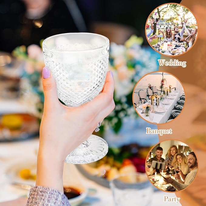 Bokon 6 Pack Clear Glass Goblets Set 10 oz High Clear Wine Glass Vintage Water Goblets Cups Embossed Diamond Design Glassware with Stem for Drinking Juice Liquor Party Wedding Bar - Image 6