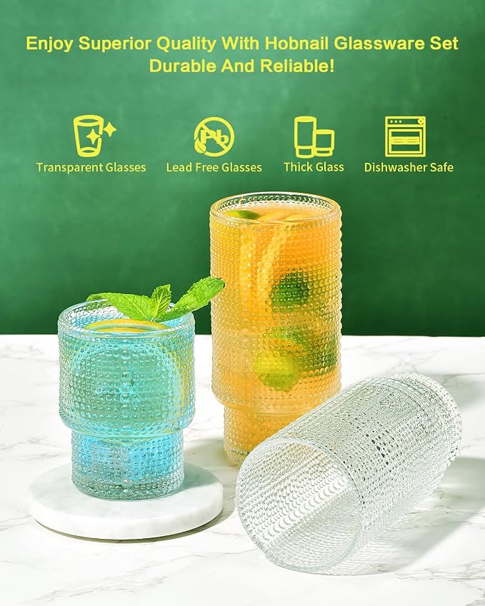 ISMASOAN Hobnail Drinking Glasses Set of 12, Stackable Glasses 12 oz & 7 oz | Beaded Drinking Glasses with vintage bubble texture. Gift-ready highball cups for water, juice, cocktails and everyday drinks - Image 3