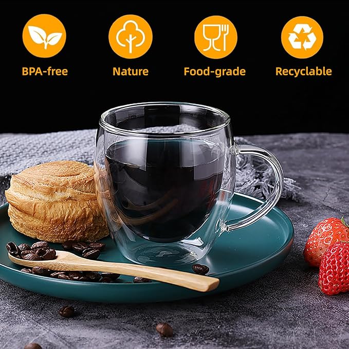 8oz Espresso Cups,Double Wall Glass Coffee Mugs Set of 2,insulated glass coffee cups,glass mugs with handles,borosilicate glass mug for Cappuccino,Latte,Americano,Tea,8oz (2 Pack)