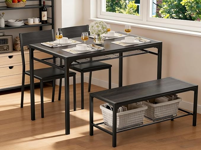 Gizoon 4-Piece Dining Table Set for 4, Kitchen Table with Bench Black | Space-saving black 4-piece dinette set with metal storage rack. Includes 2 ergonomic chairs and 1 bench. Easy to clean. by Gizoon