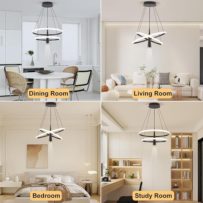 ORANOOR Modern LED Chandelier, Dimmable 20inch Black Kitchen Pendant Lights | Dining Room Light Fixtures Ceiling Hanging, 2 Ring Round LED Chandeliers for Bedroom Living Room Staircase Over Table, 3360lm - Image 6