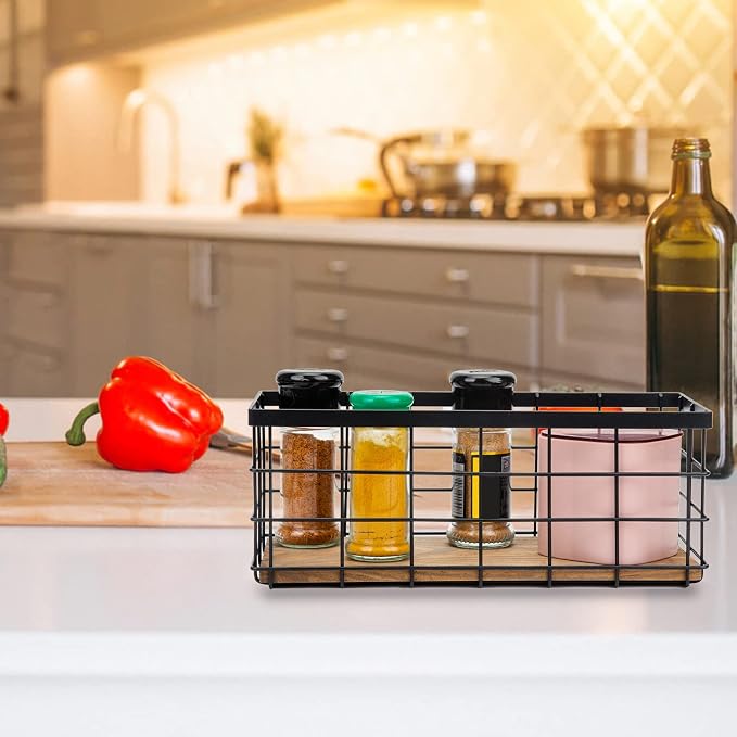 TIEYIPIN Farmhouse Decor Metal Wire Storage Baskets, Wood Base Containers Organizing Basket Caddy Bin for Kitchen Cabinets, Bathroom, Pantry, Garage, Laundry Room, Closets - Cream White (Set of 3) - Image 5