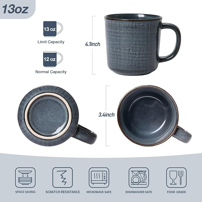famiware Moonlight Coffee Mug Set of 4, 14oz Mug Set with Linen Finish, Coffee Cup Set with Handle for Latte, Cappuccino, Tea, Hot Cocoa, Microwave and Dishwasher Safe, Dark Blue - Image 6