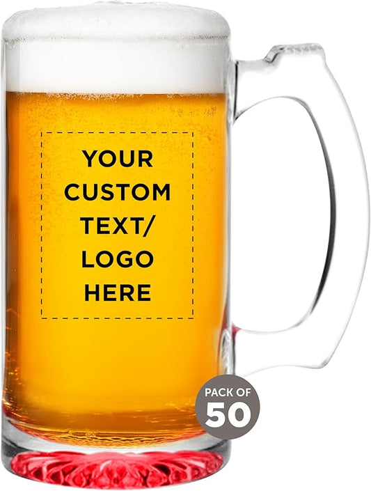 50 Libbey Beer Mugs Set, 12 oz. - Customizable Text, Logo - Groomsmen Glassware - Red