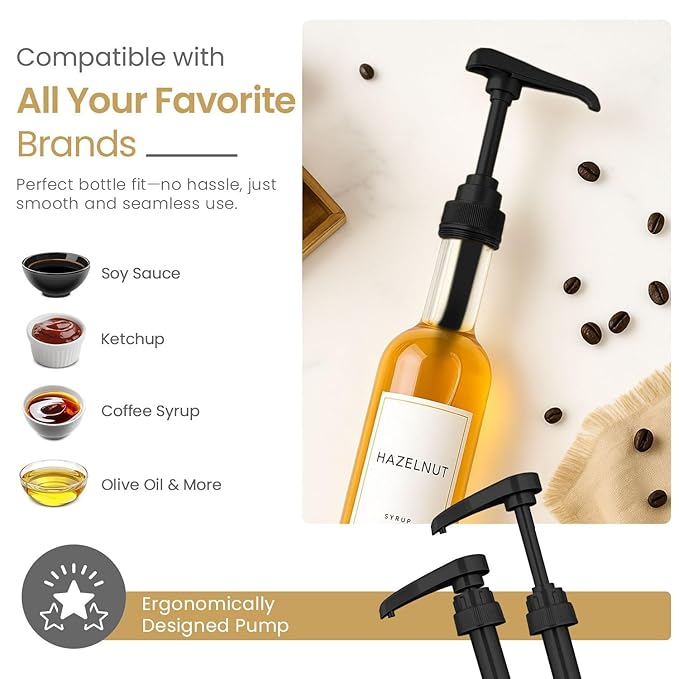 Syrup Pump for Coffee Syrup Bottles – 4-Pack Dispenser Pumps Fits 750ml / 25.4 oz Flavoring Syrup Bottles – Compatible with Torani & More – Black Coffee Syrup Dispenser Pump for Home & Cafe Use