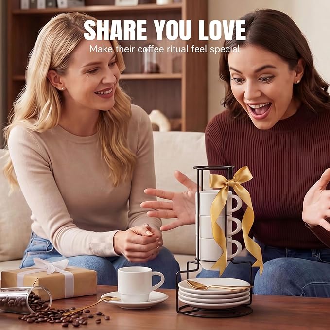 Lareina 3-Ounce Espresso Cups with Saucers, Spoons and Metal Stand, Small Stackable Coffee Cups Set of 4, Ceramic Demitasse Mugs, Gift for Housewarming or Wedding, White - Image 9