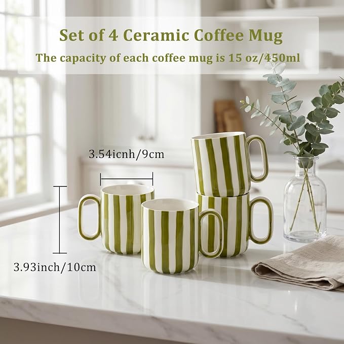 Ceramic Coffee Mugs Set of 4, 15 oz Stoneware Coffee Cups with Handle | Aesthetic Green Stripe Latte Tea Mug for Latte Tea Hot Chocolate, Microwave and Dishwasher Safe (15 oz) - Image 2