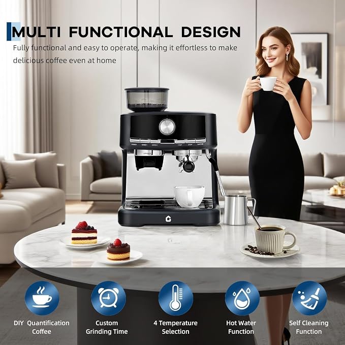 Espresso Machine with Grinder, Professional Coffee Machines | with Milk Frother Steam Wand, Espresso Maker with 50oz Removable Water Tank, Cappuccino & Latte Machine for Home - Image 3