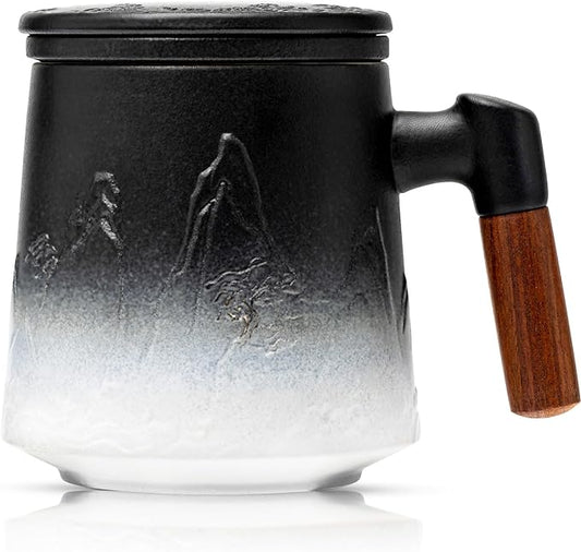 suyika Ceramic Tea Cup with Infuser and Lid, Gradient Embossed Large Tea Mug Wooden Handle for Steeping Loose Leaf, Tea Lover Gifts 15.2 oz / 450 ml,Matte Black by suyika