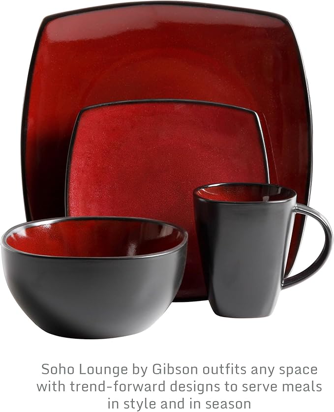 Gibson Elite Soho Lounge Square 16-Piece Dinnerware Set, Service for 4, Reactive Glaze Stoneware Plates and Bowls, Modern Dishes, Microwave & Dishwasher Safe – Red and Black - Image 3