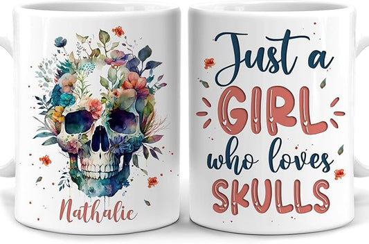 Hyturtle Personalized Gifts Skull Lover - Just A Girl Who Loves Skulls Custom Name Ceramic Coffee Mug Cup 11oz - Idea Skull Lovers Gifts For Women, Girl Daughter On Birthday, Christmas by Hyturtle