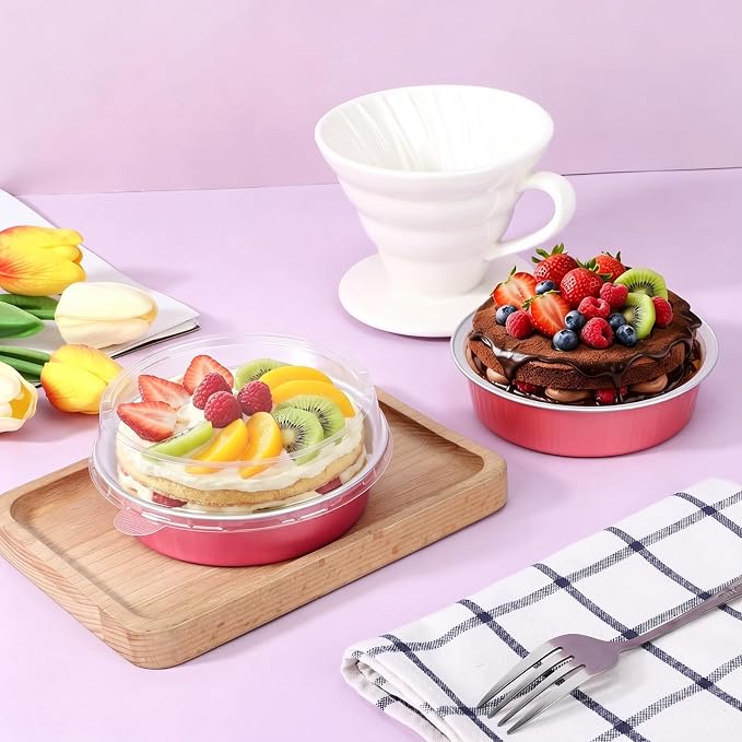 Beasea 7.3oz Disposable Mini Pie Tins with Lids, 20 Pack 215ml Grapefruit Pink Aluminum Baking Cups Foil Pie Tins Small Round Tart Container for Individual Dessert Cupcake Muffin Cheesecake Quiche - Image 6