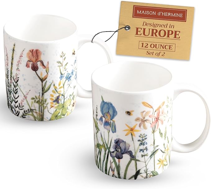 Maison d' Hermine Coffee Mug with Handles Tea Cups (12 Ounce, Pack of 2) | Fine Bone China Coffee Mugs for Hot Beverages Cappuccino Latte Home Restaurant Hotel Spring Summer -Fleurs De Mai by MaisondHermine