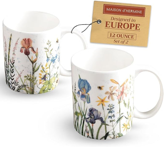 Maison d' Hermine Coffee Mug with Handles Tea Cups (12 Ounce, Pack of 2) | Fine Bone China Coffee Mugs for Hot Beverages Cappuccino Latte Home Restaurant Hotel Spring Summer -Fleurs De Mai by MaisondHermine