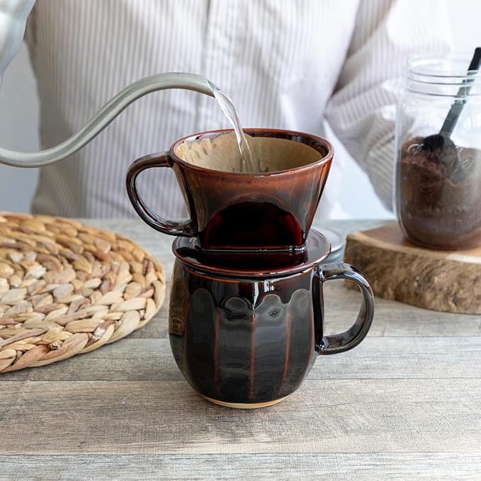 Asayu Japan Ceramic Coffee Pour Over Maker Set in Chocolate Brown, Slow Brewing Paper Filter Holder and Dripper with 3 Holes for Coffee and Tea (Accessory Ceramic Mug)