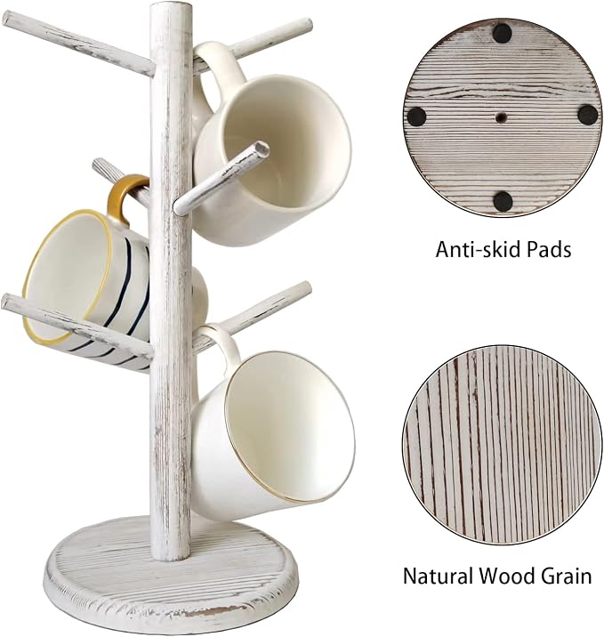 Dorhors Mug Holder Tree,Coffee Cup Holder,Mug Rack Stand Hook,Bar Organizer | Rustic White Wood Coffee Station Accessories 6 Hook,Coffee Shelf Decor for Kitchen Countertop,Counter Storage Display Mug,Cup - Image 5