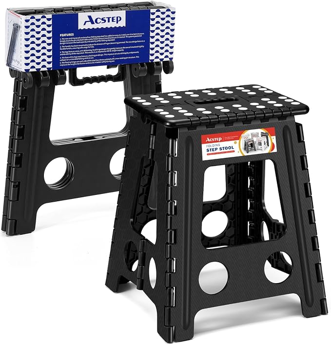 ACSTEP 16 Inch Folding Step Stool, Heavy Duty, 400 lbs, Black | Lightweight Collapsible Stepping Stool for Adults with Handle, Non-Slip, for Kitchen, Bathroom, Bedroom and Outdoor Use by ACSTEP