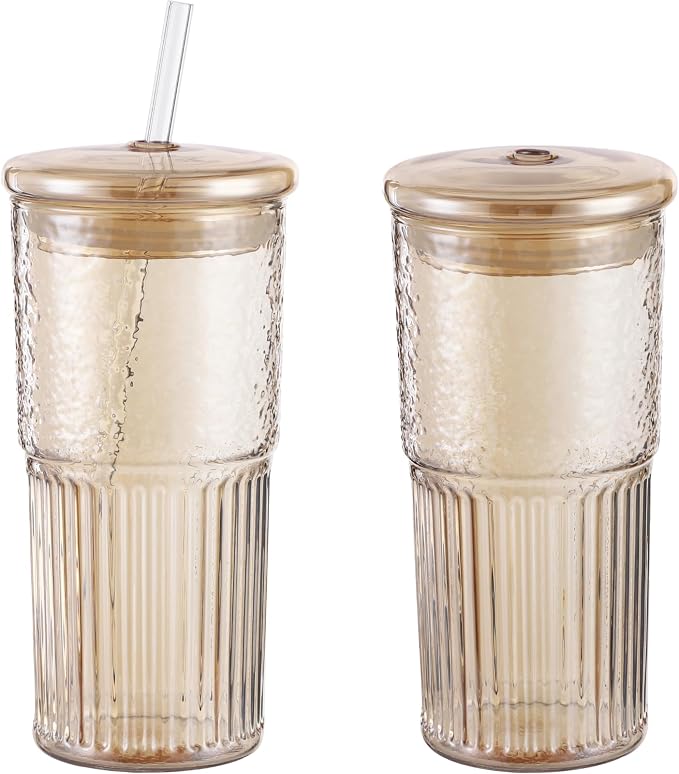 2 Pcs Ribbed Glass Tumblers, 22 oz Amber Cups with Lids and Straws, Borosilicate Glassware Set, Reusable Beverage Bottle for Iced Coffee, Smoothies, Water, Hot and Cold Drinks, 7.1 x 2.8 in - Image 2