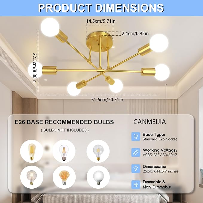 CANMEIJIA Modern Sputnik Chandelier, Ceiling Light Fixture Flush Mount 6-Lights Gold Chandeliers for Living Room Bedroom Dining Room Kitchen, Mid Century Chandeliers, E26 Base, Bulbs Not Included - Image 2