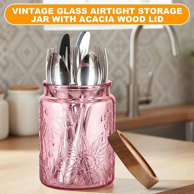 LemonRoad 2 Pcs Vintage Glass Storage Jars 23.67 oz Candy Jar Canister with Solid Wood Lids Food Storage Container for Kitchen, Ground Coffee, Tea, Sugar, Decorative Mason Cookie Jars (Pink) - Image 4
