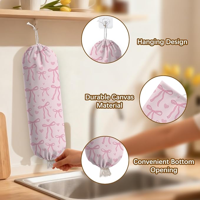 Pink Bow Plastic Bag Holder Dispenser, Plastic Grocery Bag Organizer & Wall Mount Paper Trash Bags Saver Storage for Kitchen Home Pantry Decor, Pink Bow Kitchen Decor Shopping Bags Storage Dispenser - Image 3