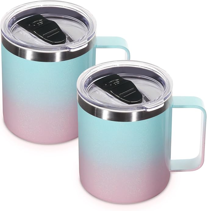 Volhoply 14oz Insulated Stainless Steel Coffee Mug with Lid Bulk 2 Pack,Double Wall Vacuum Travel Coffee Cup with Handle,Reusable Cups Tumbler,Camping Mugs Keep Hot,Ideal Gifts(Green Pink,2) by LiveFully%EF%BC%8CDrinkFreely%E2%80%94KeepGoingwithVolhoply%EF%BC%81