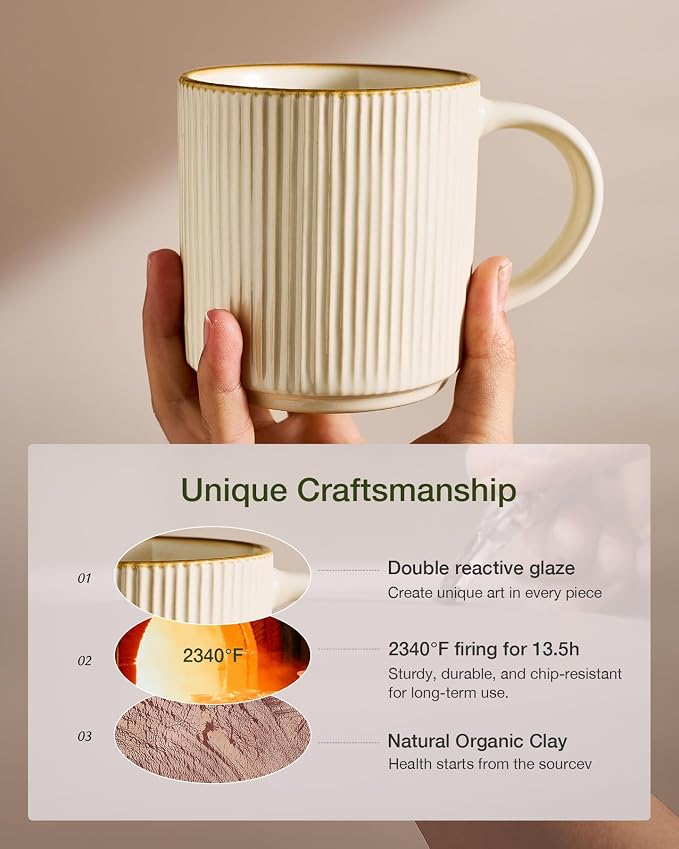 famiware Star Coffee Mug Set for 8, Handcrafted 12 oz Ceramic Stoneware Mugs Cup Set, Chip-Resistant & Stackable, Dishwasher/Microwave Safe, Vanilla White - Image 5