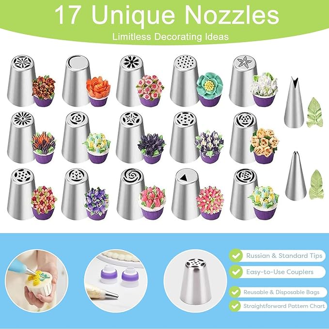32-Piece Russian Piping Tips Set, Cake Decorating Kit with 17 Frosting Nozzles, Reusable Piping Bags, and Baking Supplies for Cupcakes, Cookies, Cakes - Idael for Bakers & Beginners